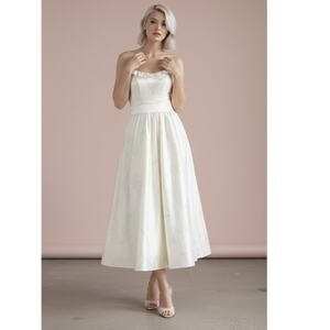 Vintage Steppin' Out Satin Floral Strapless Midi Dress Yellow XS